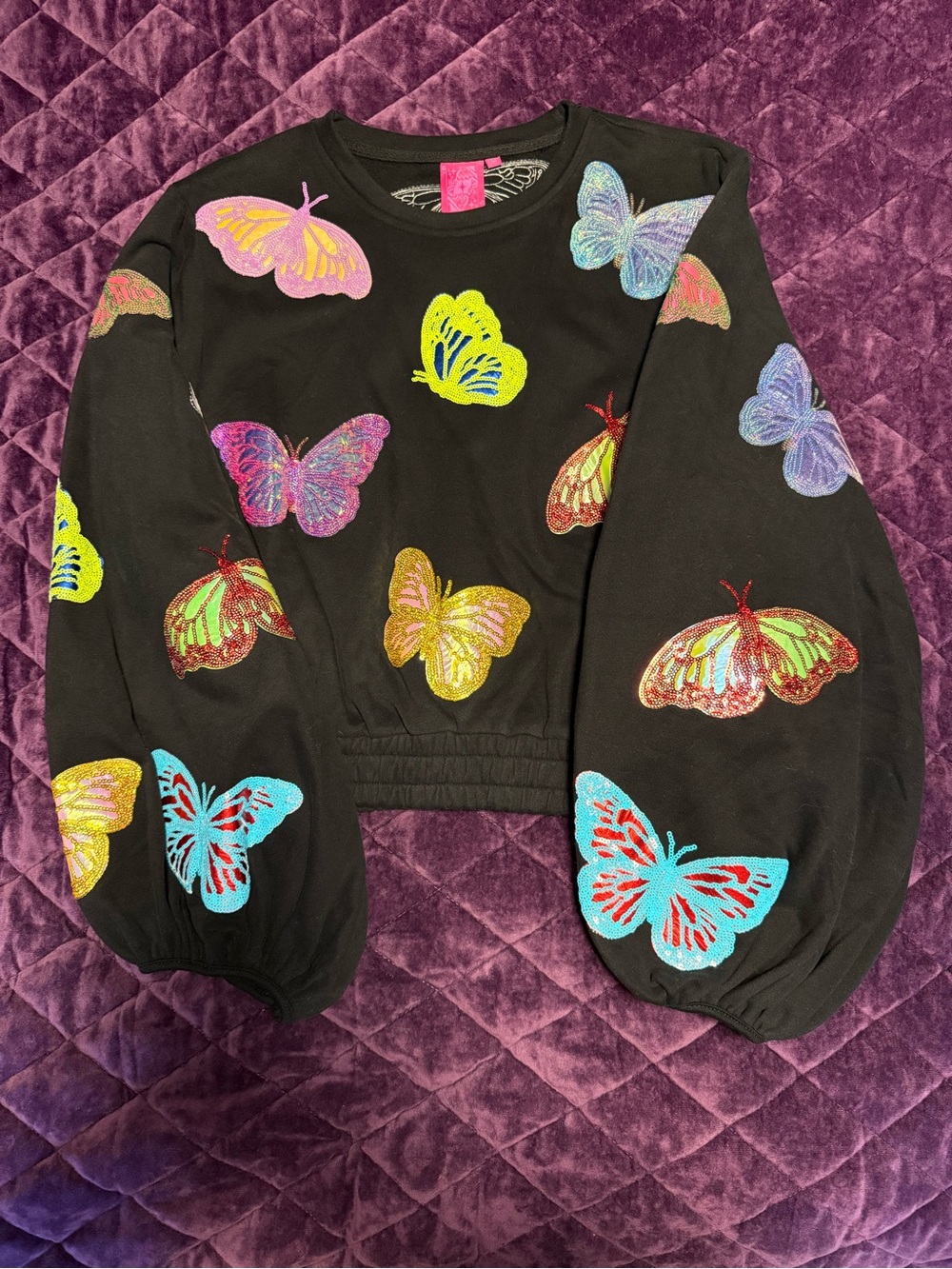 QUEEN OF SPARKLES Black Cropped Sweatshirt with Multicolor Butterfly Patches